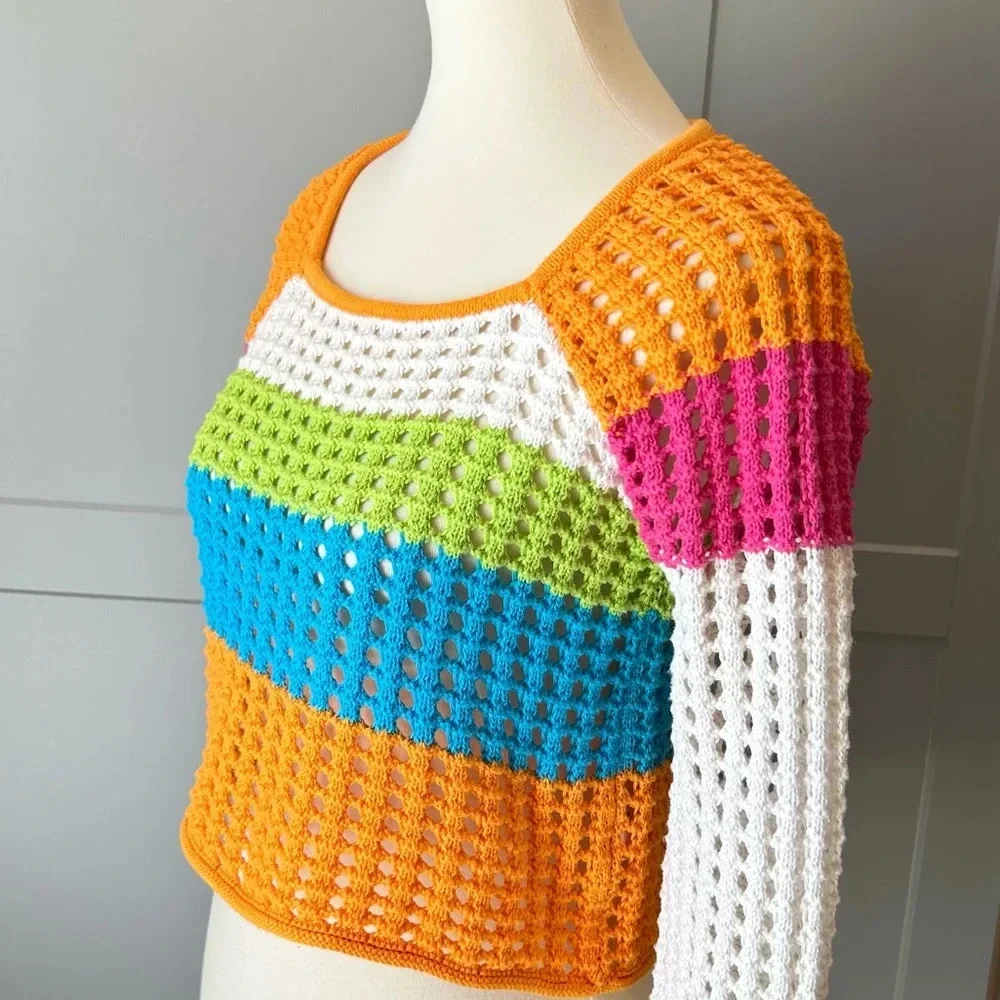 Crochet Knit Crop Sweater Long Sleeve XXS Colorblock Oversized Wild Fable Casual - Picture 3 of 7